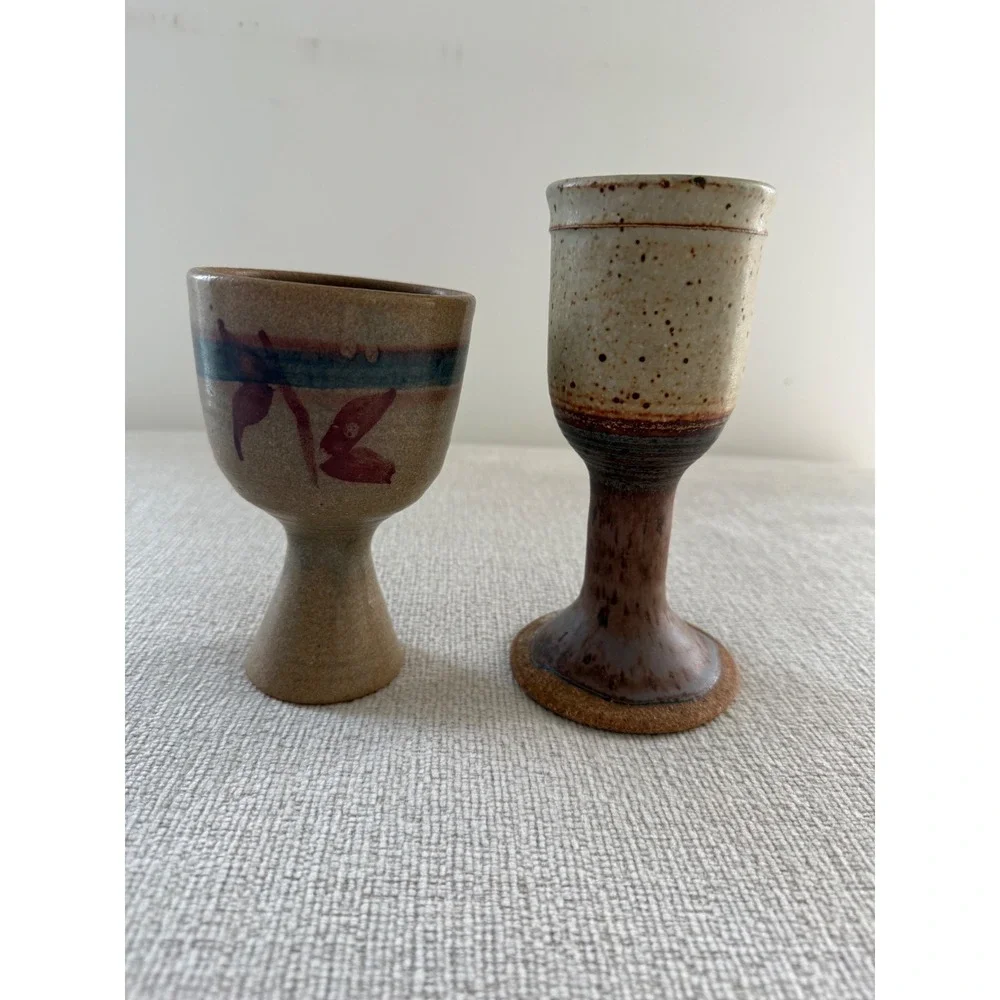 Vintage Stewartson Studio Art Pottery Wine Goblets Chalice Set of 2 MCM Signed